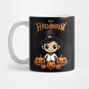 Cute Boy in Witch Hat and Spooky Pumpkin, Happy Halloween Mug